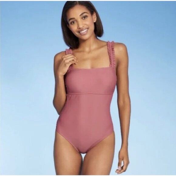 Kona Sol Square Neck Ruffle One Piece Swim Bathing Suit Mauve Medium 8-10 NWT - Picture 1 of 9